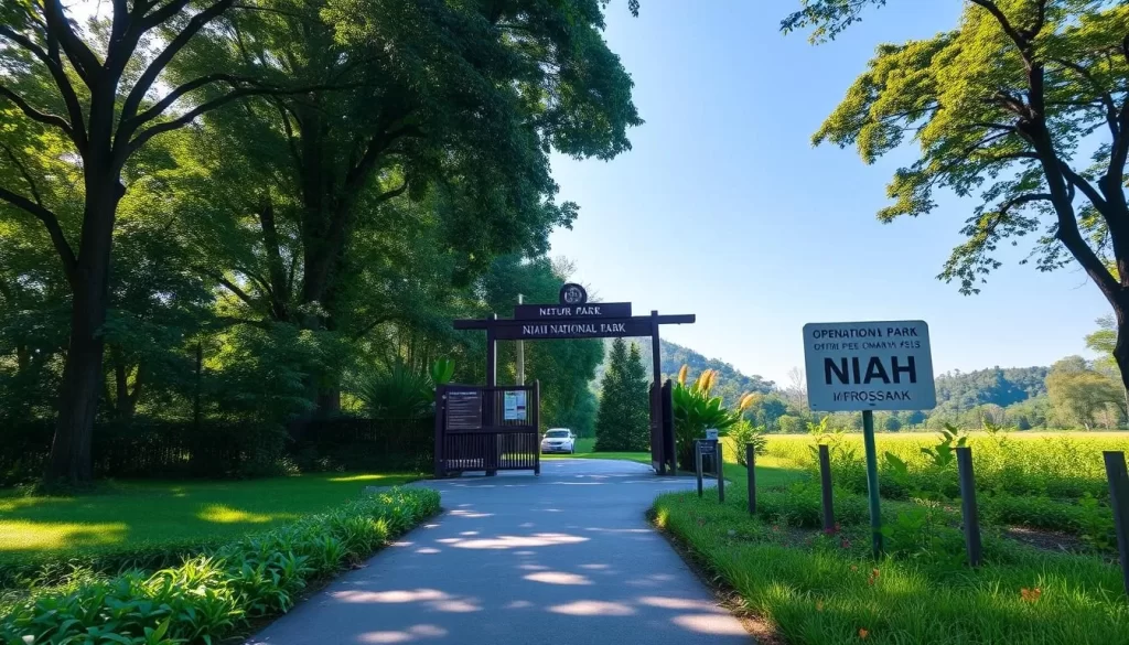 A tranquil afternoon at Niah National Park's entrance, with sunlight filtering through lush foliage. A well-maintained pathway leads visitors past a wooden gate and signage, inviting exploration of the park's rich natural heritage. In the foreground, a verdant landscape with towering trees and vibrant flora sets the scene, while the middle ground showcases the park's opening hours and entry fee information displayed on a prominent sign. The background features a clear blue sky, creating a serene and picturesque atmosphere that captures the essence of this Malaysian nature reserve.