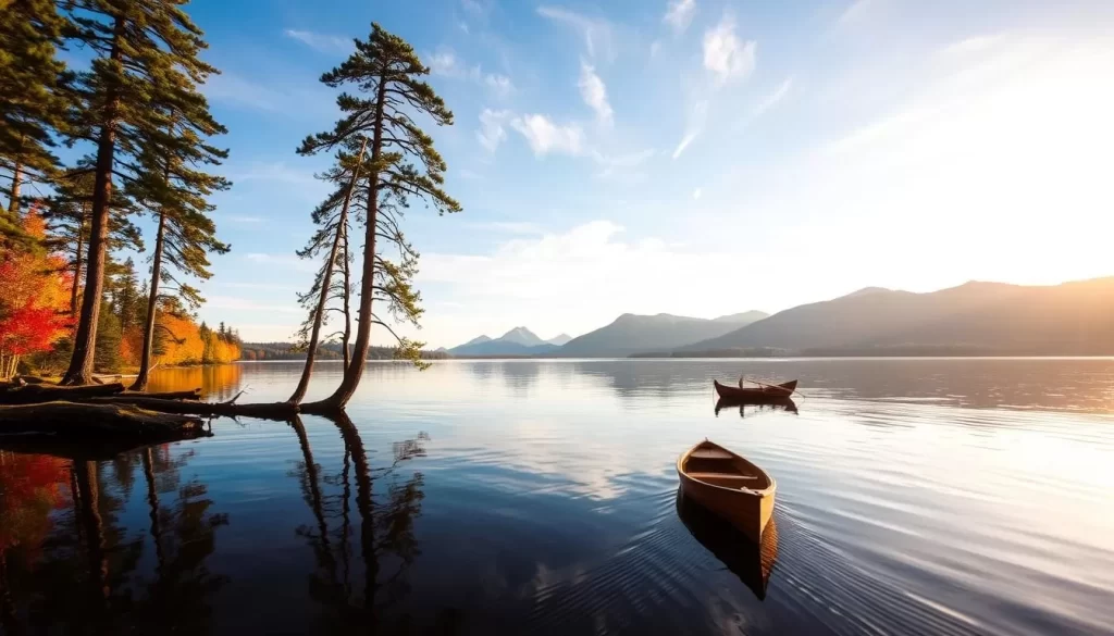 A tranquil autumn day at Moosehead Lake, Maine's largest freshwater body. The glassy surface reflects the vibrant foliage lining the shore, with majestic mountains rising in the distance. A lone wooden boat drifts peacefully, its oars casting gentle ripples. Warm sunlight filters through wispy clouds, casting a golden glow over the serene scene. Tall pines sway in a gentle breeze, their towering silhouettes framing the expansive landscape. This idyllic vista captures the natural beauty and peaceful solitude of Moosehead Lake, a true gem of the Maine wilderness.