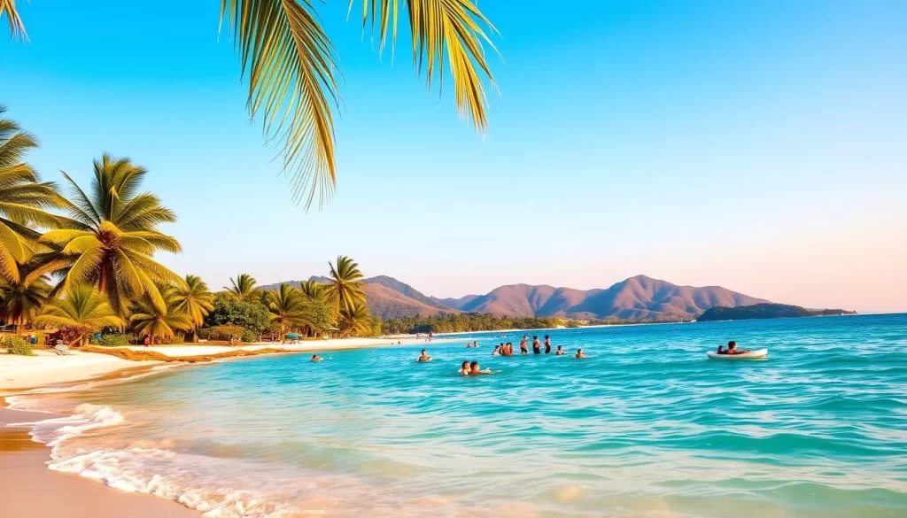 A tranquil beach on the Terengganu Islands, Malaysia, bathed in warm, golden sunlight. Turquoise waters gently lap against pristine white sand, as a gentle breeze rustles the lush, swaying palm trees in the foreground. In the middle ground, a group of people engage in various water activities, their laughter and joy captured in the serene scene. The background features rolling hills and a clear, azure sky, creating a breathtaking landscape that radiates peace and natural beauty. The overall composition evokes a sense of paradise, inviting the viewer to imagine the perfect time to visit these enchanting islands.