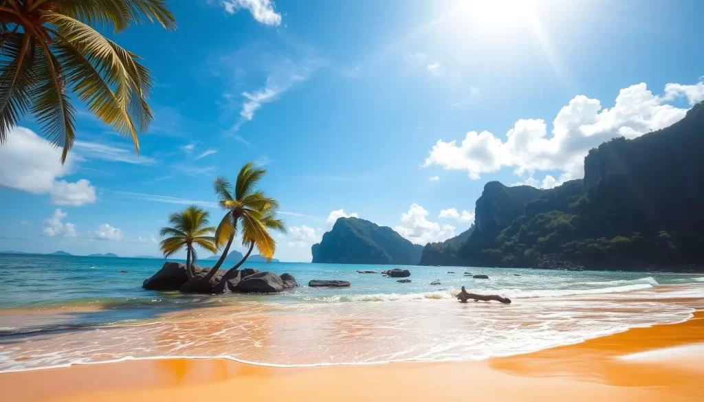 A tranquil beach scene along the Andaman Sea coastline, with gently lapping waves caressing the golden sand. In the foreground, a few palm trees sway gracefully, their fronds casting delicate shadows. The middle ground features a picturesque cove, dotted with smooth rocks and driftwood. In the distance, majestic limestone cliffs rise up, creating a dramatic backdrop. The sky is a brilliant azure, with fluffy white clouds drifting peacefully overhead. The lighting is soft and warm, with the sun casting a gentle glow over the entire scene. Capture this idyllic coastal landscape in a natural, realistic style, conveying a sense of tranquility and the beauty of Thailand's tropical paradise.