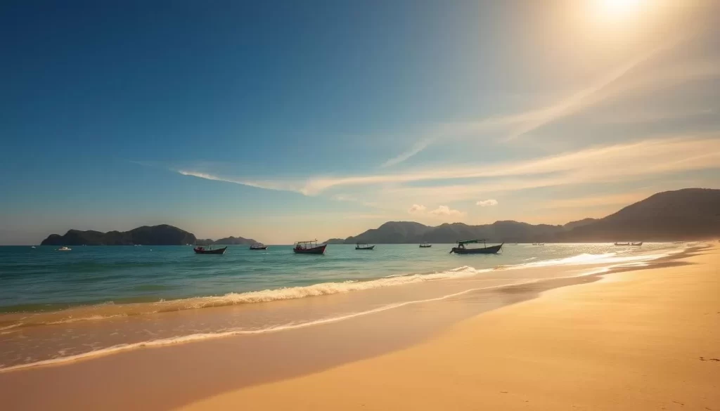 A tranquil beach scene on the tropical island of Koh Chang, Thailand. The warm sun casts a golden glow over the pristine white sand, while gentle waves lap at the shore. In the distance, lush, verdant hills rise up, creating a stunning natural backdrop. A clear, azure sky is punctuated by a few wispy clouds, reflecting the serene mood. Colorful local fishing boats dot the horizon, adding to the picturesque island ambiance. The scene captures the ideal weather conditions for a visit to Koh Chang - perfect for relaxing, exploring, and soaking up the island's natural beauty.