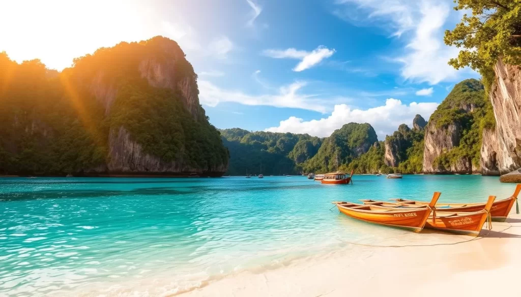 A tranquil beachscape at Railay, Thailand's hidden paradise. Crystal-clear turquoise waters lap against pristine white sand, framed by towering limestone cliffs draped in lush, verdant foliage. Warm afternoon sunlight filters through wispy clouds, casting a golden glow over the idyllic scene. In the foreground, weathered wooden boats bob gently on the calm surface. The middle ground reveals a network of rocky outcroppings and small coves, while the distant background showcases the dramatic karst formations that define Railay's stunning natural beauty. Capture the serene and captivating essence of this tropical island oasis.