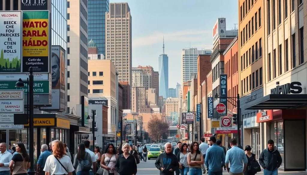A tranquil cityscape of Newark, New Jersey, on a pleasant spring afternoon. In the foreground, a bustling sidewalk scene with people of diverse ethnicities conversing in various languages. Billboards and storefront signs display Spanish, English, and other linguistic representations, reflecting the state's multicultural identity. The midground features a mix of modern high-rises and historic architectural landmarks. In the background, the distant Manhattan skyline serves as a symbolic backdrop, highlighting New Jersey's role as a cultural melting pot within the broader New York metropolitan area. Warm, diffused lighting creates a welcoming ambiance, underscoring the harmony of the multilingual community.