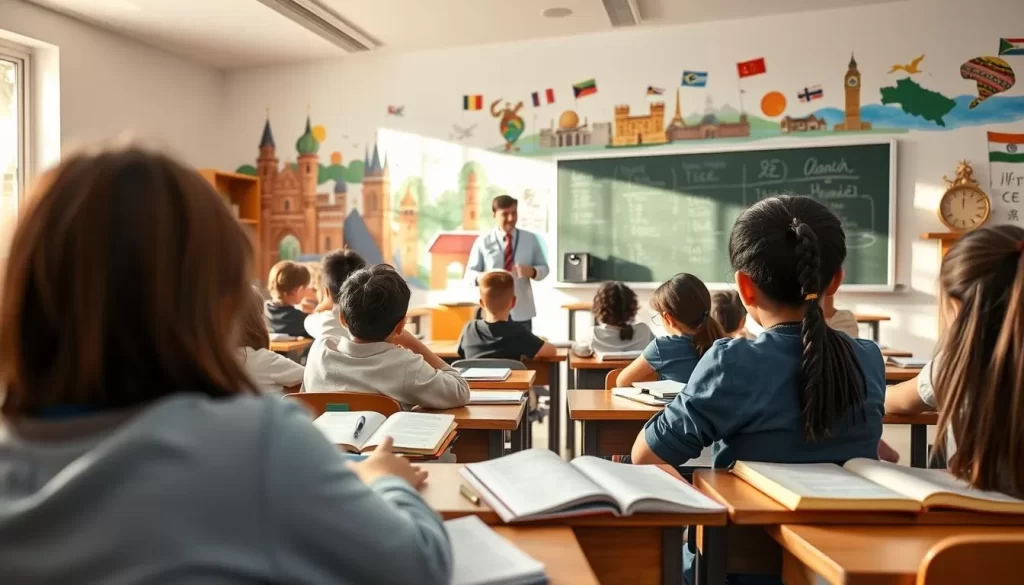 A tranquil classroom setting with students engaged in various educational activities, highlighting the diverse languages and cultures represented. The foreground features a group of students collaborating at desks, their notebooks and textbooks open, reflecting the multilingual nature of the learning environment. In the middle ground, a teacher stands at the blackboard, gesturing as they explain a lesson. The background showcases a vibrant mural depicting iconic landmarks and cultural symbols, creating a visually captivating and inclusive atmosphere. Soft, natural lighting filters through the windows, casting a warm glow throughout the scene. The overall composition conveys the harmony and integration of different languages in the educational system.