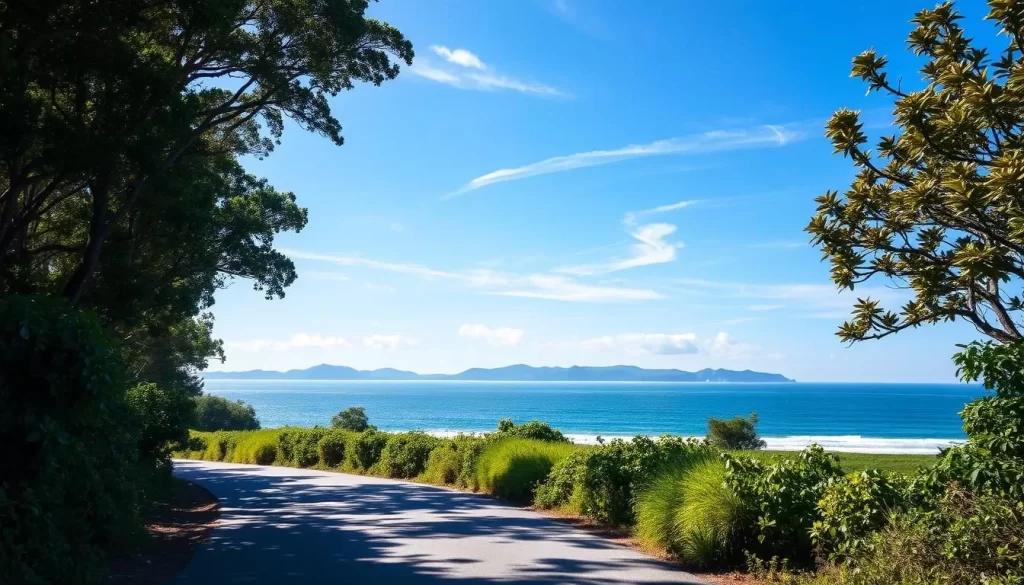 A tranquil coastal road winds through lush vegetation, the Eastern Shores of iSimangaliso Wetland Park. Sunlight dapples the tar, casting patterns on the verdant foliage lining the route. In the middle ground, a glimpse of the sparkling Indian Ocean peeking through the trees, waves lapping gently against the shore. Distant blue hills rise on the horizon, framing the serene scene. Wispy clouds drift across a clear sky, evoking a sense of calm and relaxation. The image should convey the beauty and tranquility of this picturesque coastal drive in South Africa's premier wetland wilderness.