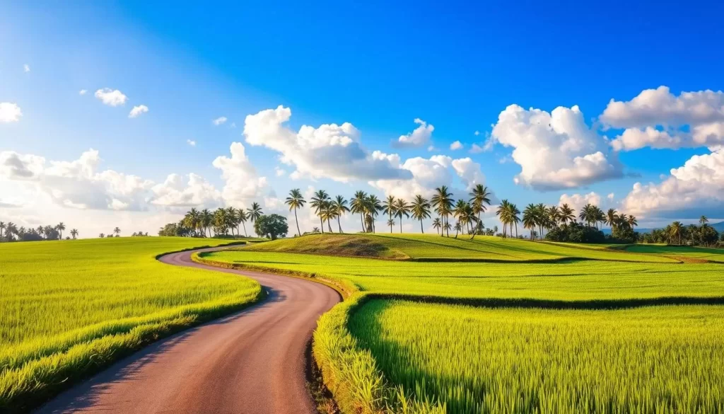 A tranquil countryside landscape of Sekinchan, Malaysia, on a bright, sunny day. A winding road cuts through lush green rice paddies, their leaves gently swaying in the breeze. In the distance, a line of palm trees sways atop a gentle hill, their fronds casting patterns of light and shadow. The sky is a brilliant blue, dotted with fluffy white clouds. The scene is bathed in warm, golden light, creating a serene and inviting atmosphere. The focal point is the road leading towards the horizon, inviting the viewer to embark on a picturesque day trip from Kuala Lumpur to this idyllic rural destination.