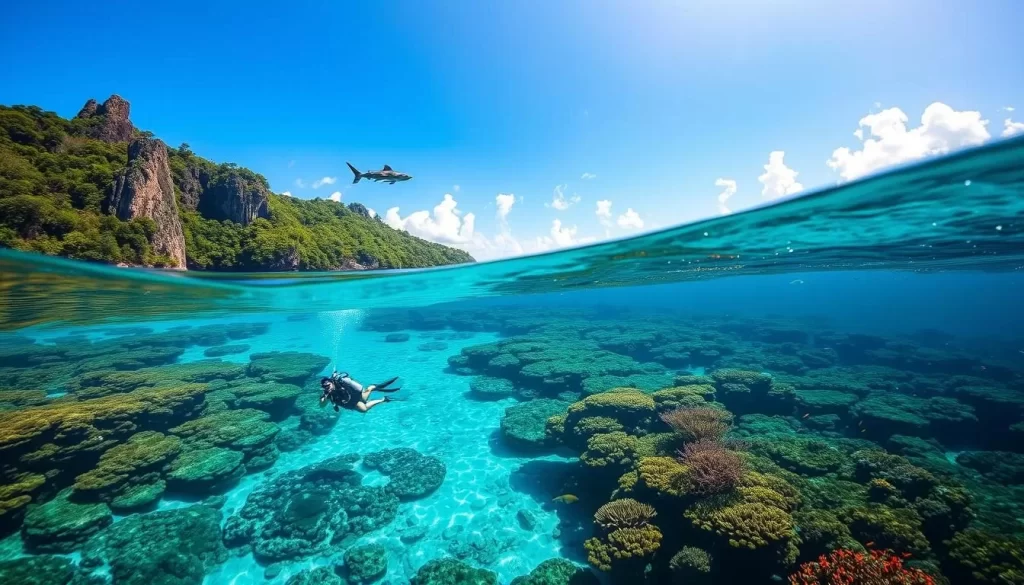 A tranquil, crystal-clear ocean surrounding the lush, verdant island of Koh Tao, Thailand's renowned diving paradise. Sunlight dapples the surface, casting shimmering reflections onto the colorful coral reefs teeming with vibrant marine life. Scuba divers gracefully glide through the warm, azure waters, exploring the underwater world of vibrant schools of tropical fish, majestic whale sharks, and other captivating ocean creatures. The picturesque coastline is framed by towering, jungle-clad cliffs, creating a serene, postcard-worthy tropical landscape. Soft, puffy clouds dot the bright, azure sky, adding to the sense of tranquility and natural beauty of this idyllic, unspoiled diving haven.