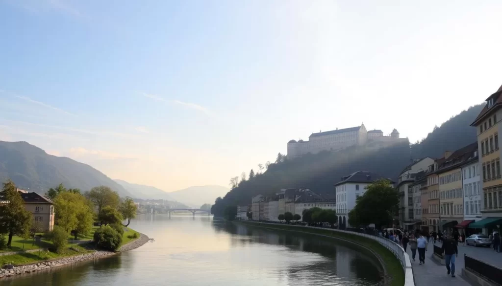 A tranquil day along the Salzach River in Salzburg, Austria. The gentle, meandering river winds through the historic city, its serene waters reflecting the pastel-colored buildings and lush green banks. Pedestrians stroll leisurely along the riverfront promenade, admiring the picturesque views of the Hohenzollern Fortress perched atop the Mönchsberg. Soft, diffused sunlight filters through wispy clouds, casting a warm, golden glow over the scene. The atmospheric environment invites viewers to immerse themselves in the charming ambiance of this iconic European city.