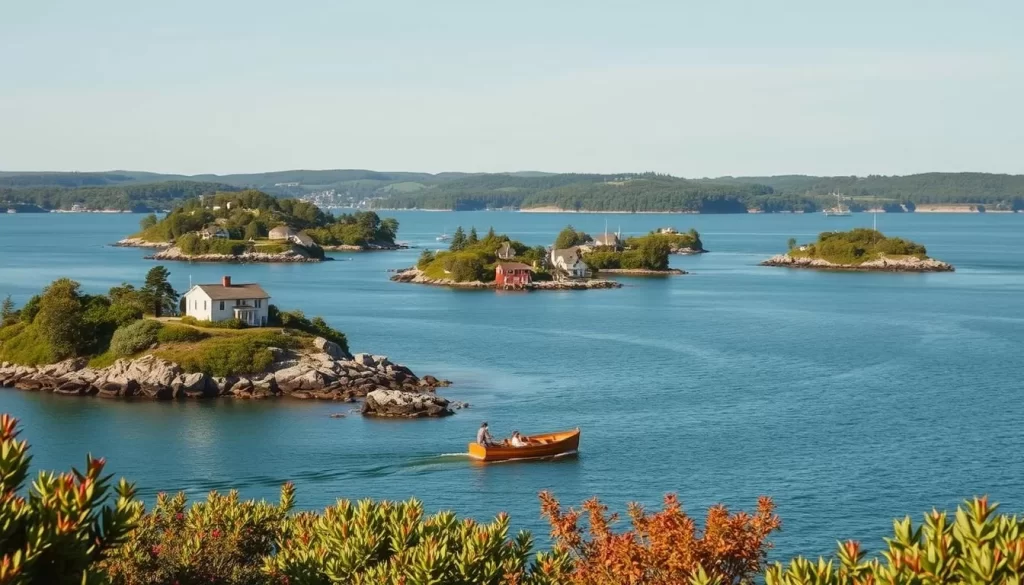 A tranquil day at the Thimble Islands, a picturesque archipelago off the coast of Connecticut. Capture the serene beauty of these small, rocky islands, with their lush greenery and charming historic cottages. Depict a sunny day with soft, diffused lighting, casting warm hues across the calm, shimmering waters. In the foreground, showcase a small wooden boat drifting between the islands, its passengers taking in the scenic views. In the middle ground, render the rugged, granite shorelines and the vibrant foliage adorning the islands. In the distance, illustrate the rolling hills and forested landscapes that frame this enchanting coastal destination. Convey a sense of tranquility, inviting the viewer to imagine a perfect day exploring the Thimble Islands.