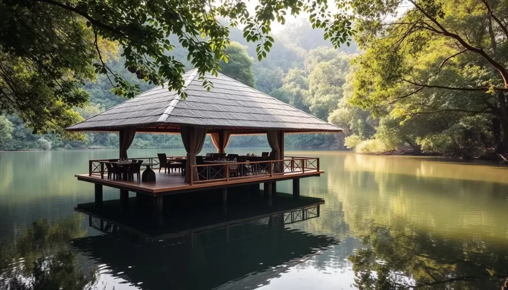A tranquil floating restaurant nestled amidst the lush, verdant canopy of Taman Negara National Park. The thatched-roof pavilion hovers gracefully above the calm, mirrored waters, inviting guests to savor traditional Malaysian cuisine while immersed in the serene, nature-filled ambiance. Soft, filtered sunlight dapples the scene, creating a warm, inviting atmosphere. Wooden decks and elegant furnishings complement the rustic setting, while the surrounding rainforest provides a picturesque backdrop. A serene, one-of-a-kind dining experience that seamlessly blends the beauty of nature with the comforts of hospitality.