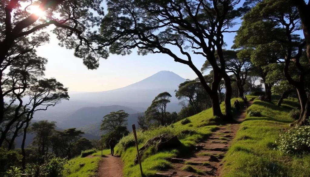 A tranquil hiking trail winds through the lush, verdant foothills of Mount Meru, with the majestic peak of Kilimanjaro visible in the distance. Sunlight filters through the canopy of indigenous trees, casting a warm glow on the well-trodden path. In the foreground, hikers can be seen navigating the trail, taking in the breathtaking vistas of Arusha National Park. The scene evokes a sense of adventure, serenity, and the natural beauty that defines Tanzania's stunning landscapes.