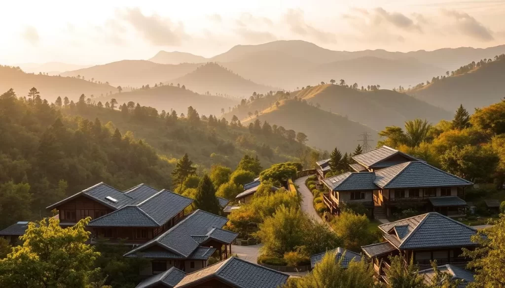 A tranquil hillside landscape in Yilan County, Taiwan, bathed in warm, golden light. In the foreground, a small, traditional Hakka village nestled among lush, verdant foliage. Homes with distinctive gray tile roofs and intricate wooden carvings line the winding streets. In the middle ground, a group of Hakka elders dressed in traditional clothing gather, engaged in animated conversation, preserving the rich cultural heritage of their language. The background is framed by rolling, pine-covered mountains, their peaks touched by wispy clouds. The scene conveys a sense of timelessness, where the Hakka language and way of life continue to thrive in this picturesque corner of Taiwan.