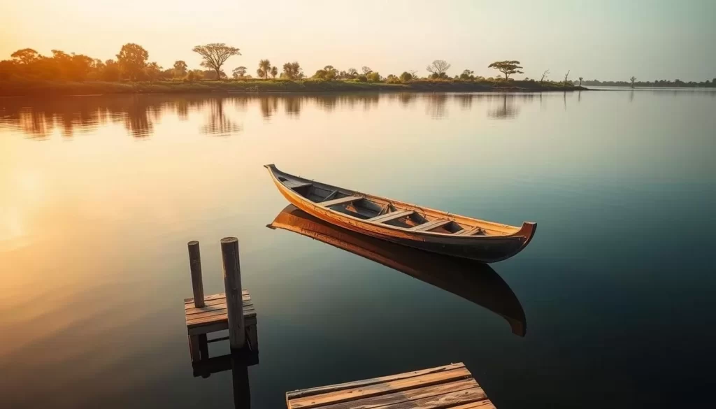 A tranquil lakeside scene at Lake Naivasha, Kenya. A traditional wooden boat drifts peacefully on the calm, azure waters, its reflection mirrored on the glassy surface. In the background, a lush, verdant shoreline dotted with vibrant flora and the silhouettes of majestic acacia trees. The warm, golden sun casts a soft, diffused light, creating a serene and inviting atmosphere. A small, wooden dock extends into the lake, welcoming visitors to explore the tranquil waters and the surrounding natural beauty. The overall composition emphasizes the tranquility and natural splendor of this East African gem, perfectly capturing the essence of transportation to and around Lake Naivasha.