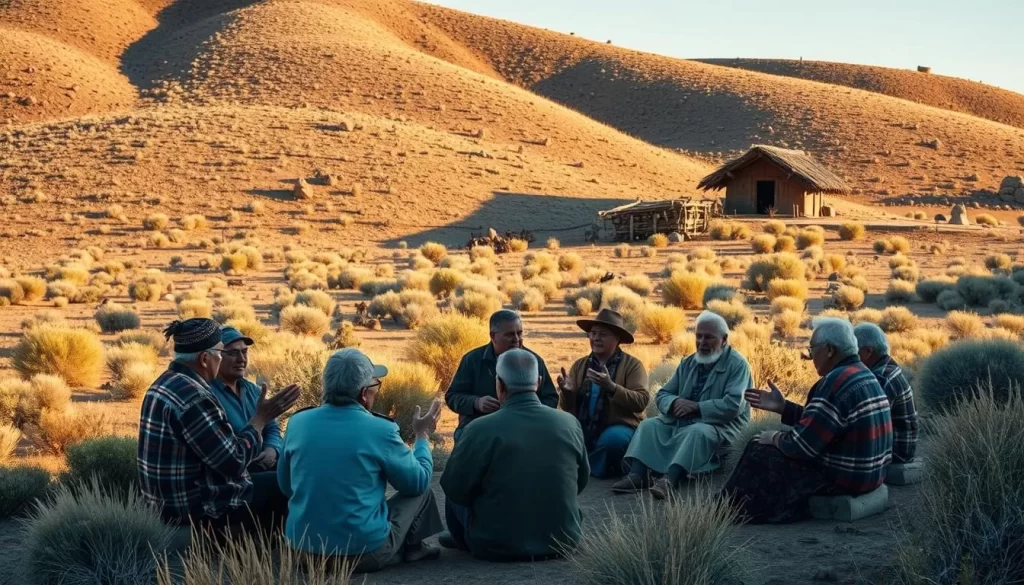A tranquil landscape filled with the vibrant expressions of Nevada's indigenous languages. In the foreground, a group of elders sit in a circle, engaged in an animated discussion, their hands gesturing with purpose. Behind them, a rolling hillside peppered with sagebrush and scattered boulders, bathed in the warm glow of the afternoon sun. In the distance, a traditional dwelling, its straw-thatched roof casting a welcoming shadow. The scene is infused with a sense of harmony and tradition, capturing the essence of the cultural heritage that has endured within this land.