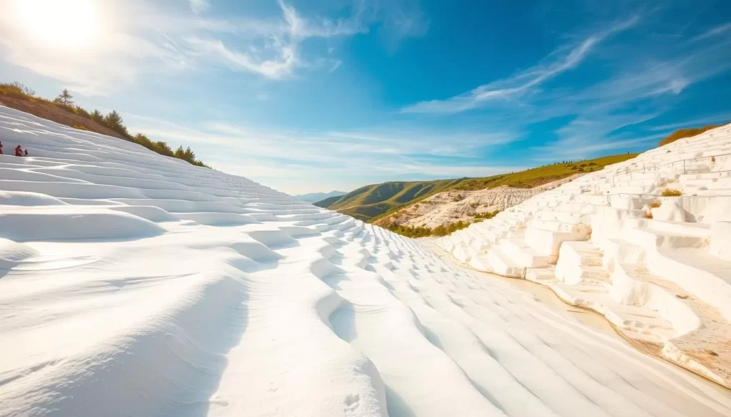 A tranquil landscape of Pamukkale's iconic white travertine terraces cascading down the hillside, set against a backdrop of a clear blue sky with wispy clouds. The sun filters through, casting a warm, golden glow over the gently flowing pools of turquoise mineral-rich waters. In the foreground, the smooth, undulating terraces create a mesmerizing visual texture, inviting the viewer to imagine the soothing sensation of walking through the natural wonder. The middle ground reveals the scale of the site, with the terraces extending into the distance, leading the eye towards the lush green slopes. An atmosphere of tranquility and serenity pervades the scene, capturing the essence of Pamukkale's natural beauty.