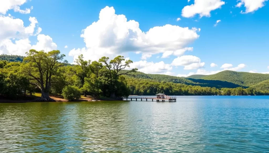A tranquil landscape of Pickwick Lake, nestled in the lush green hills of Mississippi. In the foreground, crystal-clear waters reflect the azure sky, dotted with fluffy white clouds. Towering cypress trees with their distinctive knees line the shore, their long branches casting dappled shadows across the still surface. In the middle ground, a small wooden dock juts out into the lake, inviting visitors to cast their lines and enjoy the peaceful solitude. The background is dominated by rolling hills covered in verdant foliage, their undulating forms creating a sense of depth and natural harmony. Warm, diffused sunlight filters through the trees, casting a soft, golden glow over the entire scene and infusing it with a sense of tranquility and natural beauty.
