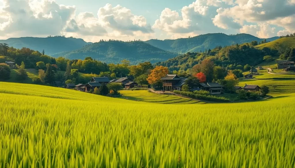 A tranquil landscape of South Gyeongsang Province, South Korea, bathed in warm, golden sunlight. In the foreground, lush green rice paddies stretch out, their gentle undulations reflecting the sky's fluffy white clouds. In the middle ground, traditional Korean hanok houses nestle amidst vibrant foliage, their tiled roofs and wooden facades capturing the region's cultural heritage. The background features rolling hills, their slopes covered in a patchwork of verdant forests and picturesque orchards. The overall scene conveys a sense of serene harmony, inviting the viewer to experience the temperate, idyllic climate of this enchanting Korean province.