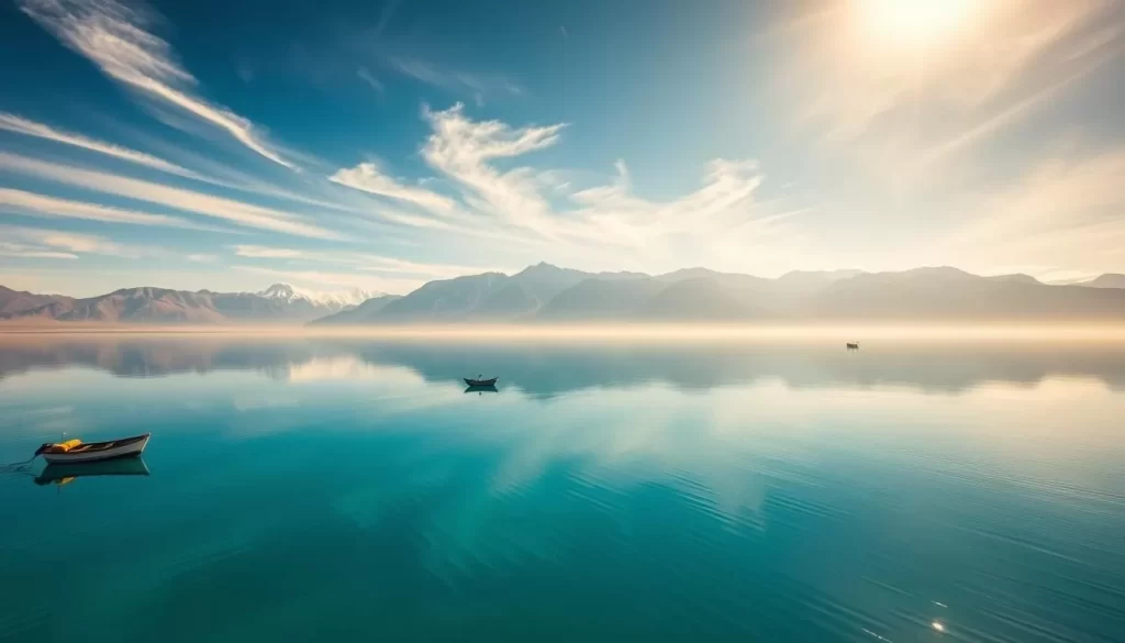 A tranquil morning at Pangong Lake, the mirror-like surface reflecting the majestic Himalayan peaks. Warm sunlight filters through wispy clouds, casting a gentle glow over the serene landscape. In the foreground, the crystal-clear waters are dotted with small boats, their reflections rippling softly. The middle ground features the iconic turquoise hues of the lake, framed by the rugged, snow-capped mountains on the horizon. Crisp, clean air and a sense of peaceful solitude pervade the scene, inviting the viewer to experience the breathtaking natural beauty of this remote corner of Ladakh.