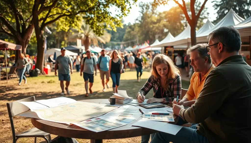 A tranquil outdoor setting on a sunny day, with a group of people enthusiastically planning a lively festival. In the foreground, a round table is covered with colorful maps, event schedules, and other organizational materials. Seated around it are festival organizers, engrossed in discussion and making notes. In the middle ground, a couple strolls by, admiring the energy and activity. In the background, a vibrant marketplace bustles with vendors and attendees, creating a festive atmosphere. Warm, golden light bathes the scene, evoking a sense of anticipation and excitement for the upcoming celebration.