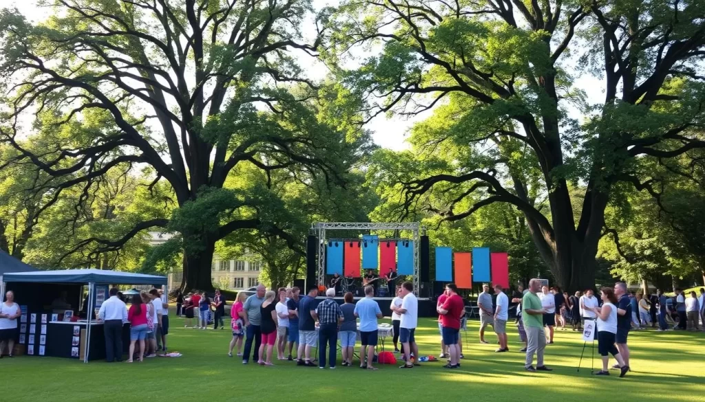 A tranquil outdoor setting, the lush green lawns of an Ohio festival grounds. In the foreground, groups of people gathered around informational booths, discussing upcoming events and activities. In the middle ground, a stage with a colorful backdrop, musicians preparing for a live performance. The background features towering trees, their leaves rustling gently in the warm breeze, creating a serene ambiance. Soft, natural lighting bathes the scene, highlighting the vibrant colors and the excitement of festival preparations. The overall mood is one of anticipation and community, capturing the essence of planning for an Ohio festival.