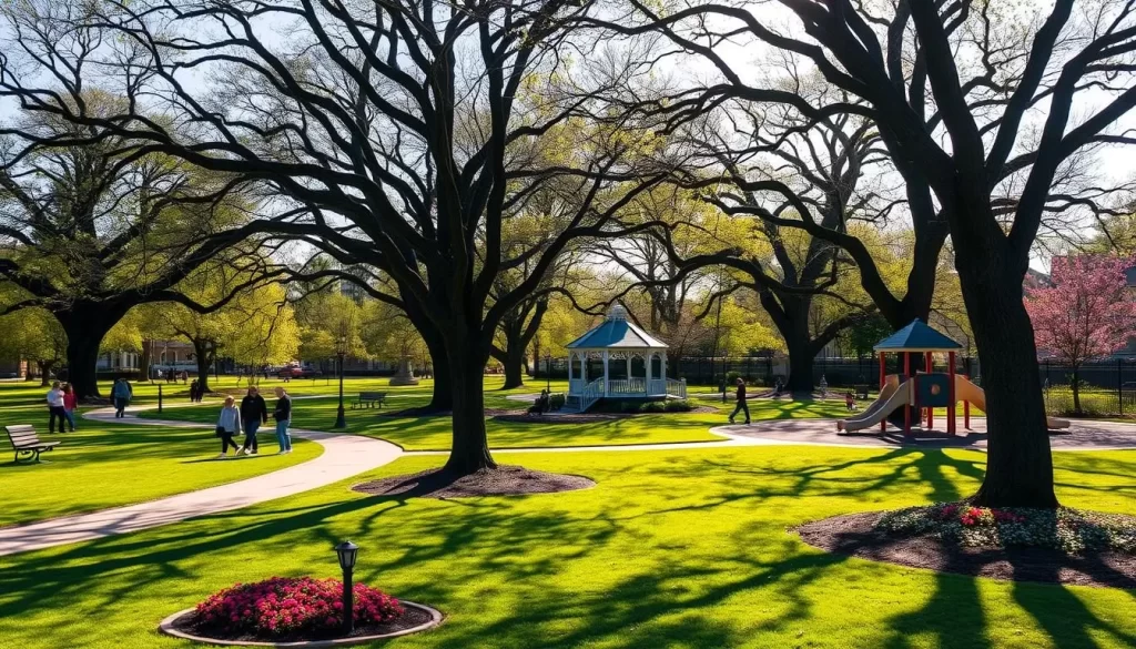 A tranquil park in the heart of Pawtucket, Rhode Island, bathed in the warm glow of a spring afternoon. Lush green lawns dotted with vibrant blooms, towering oak trees casting gentle shadows. Families stroll along winding paths, children playing on a gleaming playground. In the distance, a picturesque gazebo stands as a backdrop for festive seasonal gatherings. The scene is imbued with a sense of community and timeless charm, capturing the essence of Pawtucket's vibrant cultural landscape.
