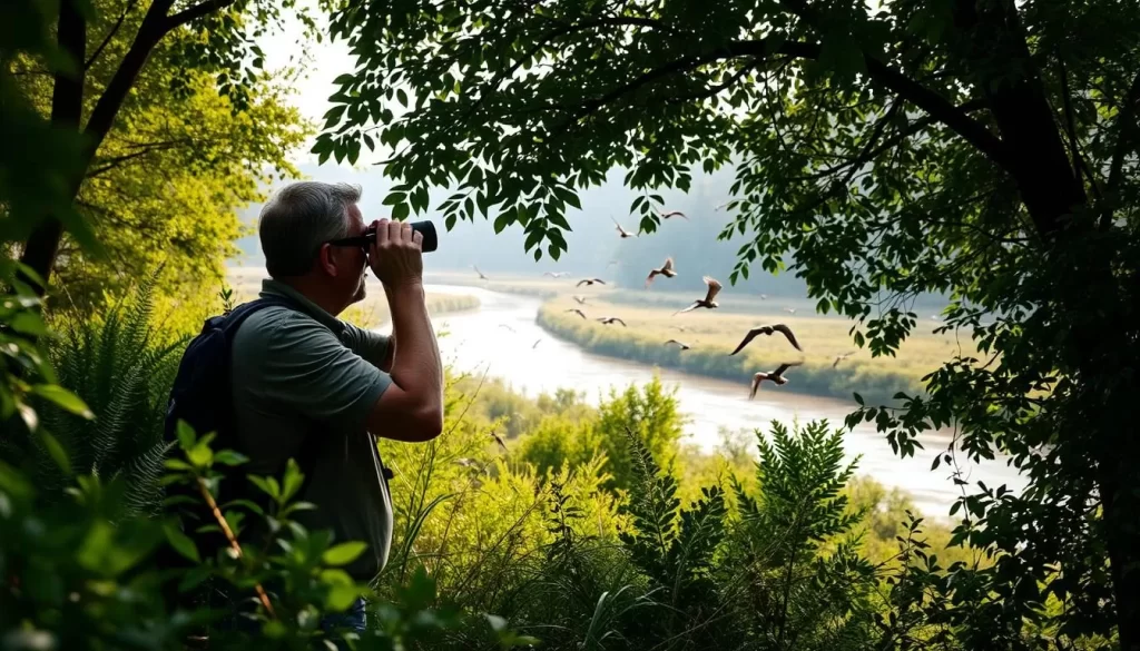 A tranquil scene along the Oder River, where a birdwatcher stands amidst the lush, vibrant vegetation, binoculars raised to their eyes, capturing the graceful movements of the diverse avian inhabitants. The soft, diffused lighting filters through the canopy, casting a warm, natural glow over the serene landscape. In the background, the river winds its way, reflecting the surrounding foliage and the occasional flutter of wings. The birdwatcher, immersed in the beauty of the Oder River Valley, is a testament to the region's natural wonders.