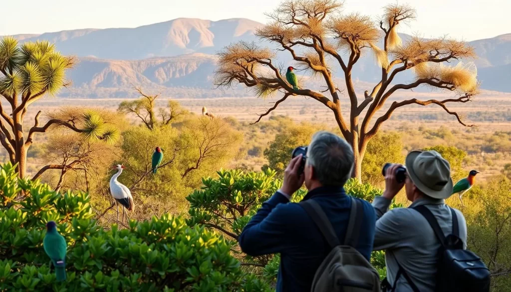A tranquil scene in Meru National Park, Kenya, with birdwatchers observing a vibrant array of avian life. In the foreground, a pair of binocular-wielding nature enthusiasts stand amidst lush, verdant foliage, their attention captured by the graceful movements of a colorful bird perched nearby. The mid-ground features a diverse collection of species - from stately crowned cranes to bold-hued turacos - foraging and flitting between the branches of towering acacia trees. In the distance, the rugged hills of the park's landscape rise up, bathed in the warm, golden light of a picturesque afternoon. The scene conveys a sense of peaceful coexistence, where humans and wildlife coexist in harmony, in this haven for nature lovers.