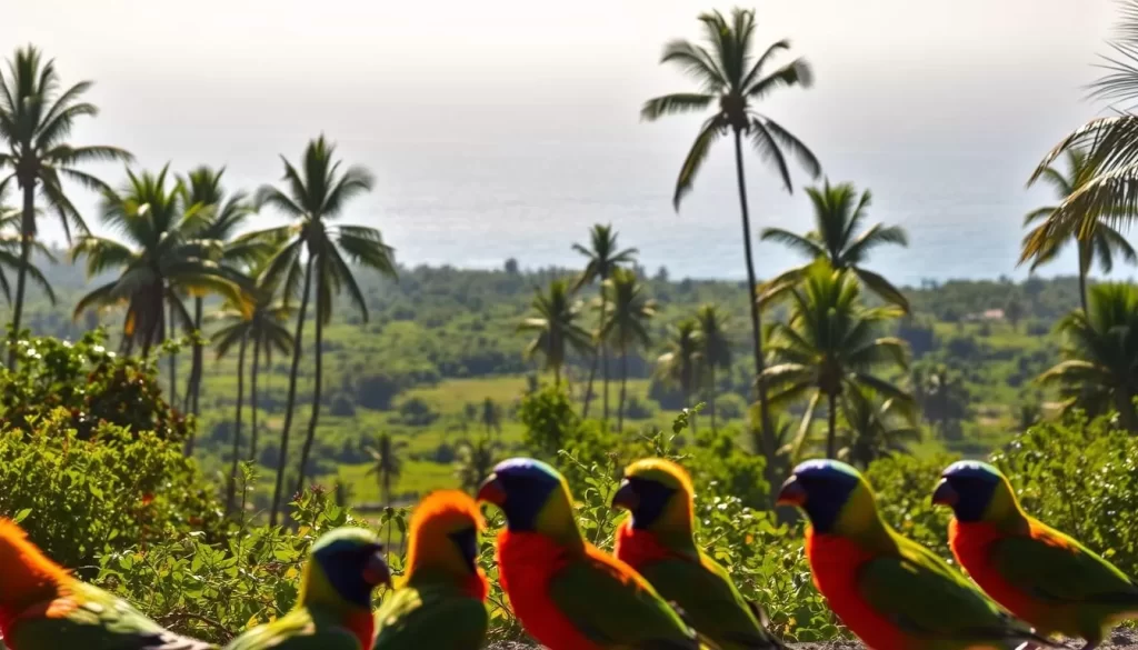 A tranquil scene in Saadani National Park, Tanzania, where birds take center stage. The foreground showcases a group of colorful birds, their feathers shimmering in the warm, golden sunlight. In the middle ground, a lush, verdant landscape unfolds, dotted with towering palm trees and vibrant foliage. In the distance, the serene waters of the Indian Ocean glisten, creating a breathtaking backdrop. The overall atmosphere radiates a sense of peace and harmony, inviting the viewer to immerse themselves in the natural wonder of this avian paradise.