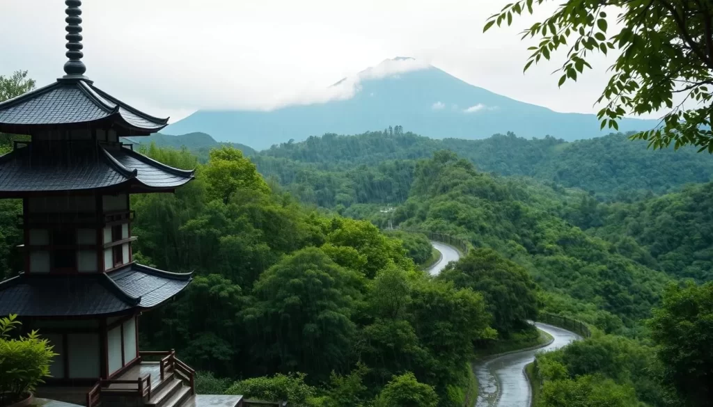 A tranquil scene in Yamaguchi, Japan, with gentle rainfall gently cascading over lush green hills and valleys. In the foreground, a traditional Japanese pagoda stands peacefully, its intricate architecture partially obscured by the mist. The middle ground features a winding path leading through a verdant forest, the leaves glistening with freshwater droplets. In the distance, a majestic mountain range rises up, its peaks shrouded in wispy clouds. The lighting is soft and diffused, creating a serene, atmospheric atmosphere. The overall mood is one of calm contemplation, inviting the viewer to pause and appreciate the natural beauty of this rainy day in Yamaguchi.