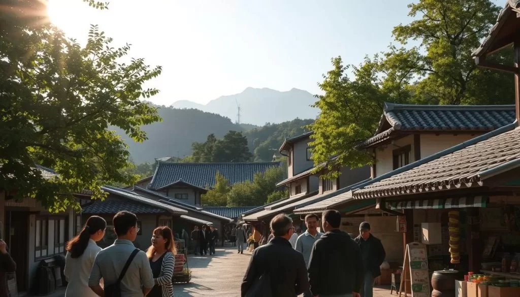 A tranquil scene in a quaint village nestled in the lush hills of South Jeolla Province, South Korea. The warm sun filters through the canopy of verdant trees, casting a gentle glow over the traditional hanok-style homes with their distinctive tiled roofs. In the foreground, a group of locals engaged in lively conversation, their body language and facial expressions reflecting the regional dialect and cultural nuances. The middle ground features a bustling marketplace, where vendors peddle their wares, the air alive with the murmur of friendly exchanges. In the distance, the silhouette of a towering mountain range stands as a majestic backdrop, completing the idyllic rural landscape.