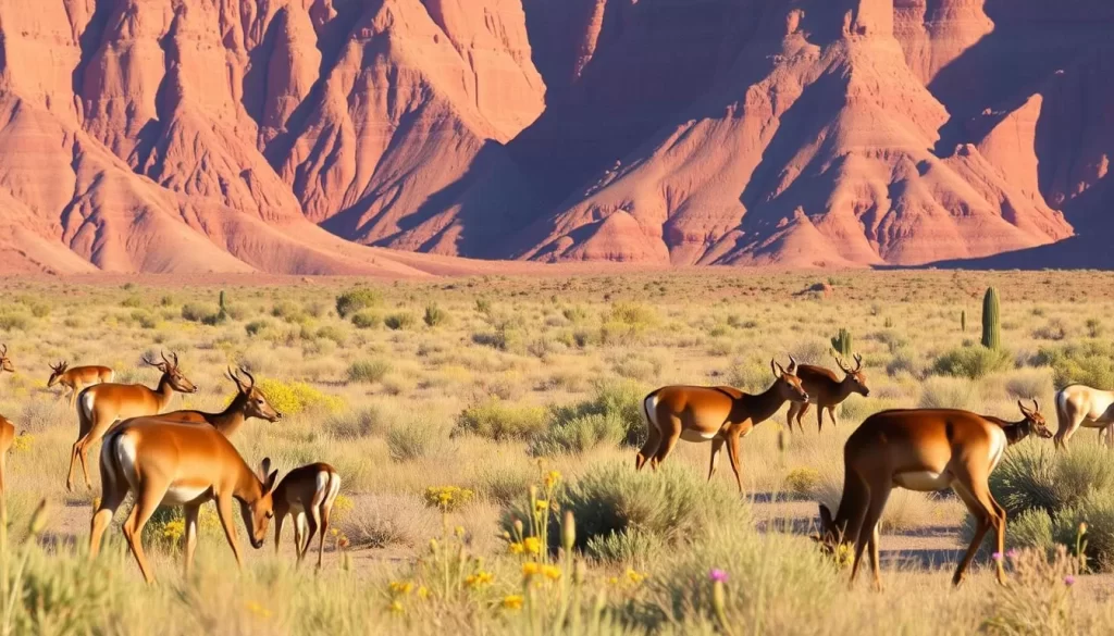 A tranquil scene in the heart of Escalante Petrified Forest State Park, Utah. In the foreground, a herd of mule deer graze peacefully, their sleek coats gleaming in the warm afternoon sunlight. In the middle ground, a variety of desert wildflowers sway gently in the soft breeze, their vibrant colors adding a touch of natural beauty to the landscape. In the background, towering sandstone cliffs rise majestically, casting long shadows that create a sense of depth and dimension. The overall atmosphere is one of serenity and wonder, inviting the viewer to immerse themselves in the natural splendor of this remarkable park.