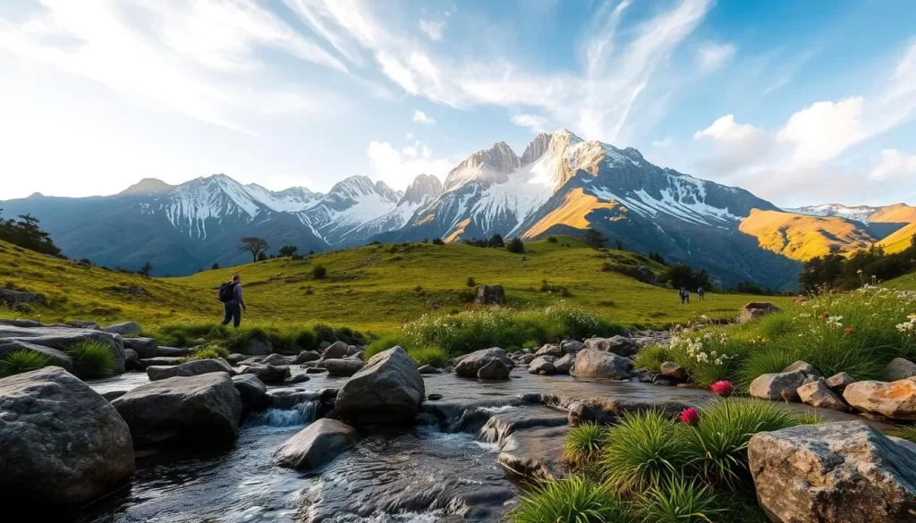 A tranquil scene in the majestic Drakensberg mountains, South Africa. In the foreground, a serene mountain stream flows gently over smooth rocks, its calming sounds inviting visitors to pause and unwind. The middle ground features lush, verdant meadows dotted with wildflowers, where hikers can leisurely stroll. Towering, snow-capped peaks rise in the background, bathed in warm, golden sunlight filtering through wispy clouds. The atmosphere is one of peaceful solitude, perfect for those seeking a restorative escape in nature. The image is captured with a wide-angle lens, highlighting the grand scale and beauty of this picturesque landscape.