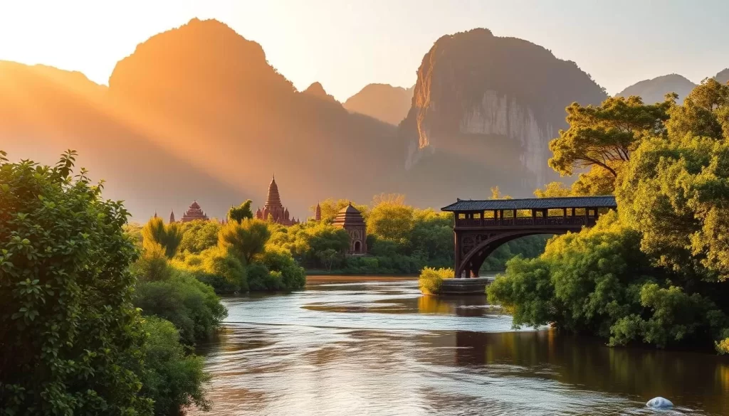 A tranquil scene of Kanchanaburi, Thailand's historical and natural wonder. In the foreground, a serene river winds through lush, verdant foliage. Majestic limestone cliffs rise in the distance, casting dramatic shadows under the warm, golden sunlight. A traditional wooden bridge arches gracefully over the water, inviting exploration. In the middle ground, ancient temples and pagodas stand as reminders of the region's rich cultural heritage. The overall atmosphere exudes a sense of peaceful contemplation, capturing the essence of Kanchanaburi's captivating blend of history and natural beauty.