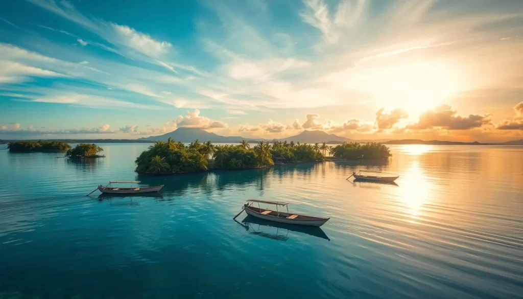 A tranquil scene of Micronesia's picturesque Chuuk Lagoon during the peak travel period. Lush, verdant islands dotted with swaying palm trees reflect in the crystalline waters, while a handful of traditional outrigger canoes drift peacefully across the serene surface. Warm, golden sunlight filters through wispy clouds, casting a soft, ethereal glow over the tropical paradise. In the distance, the silhouettes of volcanic peaks rise majestically against the azure sky, hinting at the stunning natural landscapes that await adventurous visitors. An idyllic, weather-perfect day that captures the essence of Micronesia's best travel months.