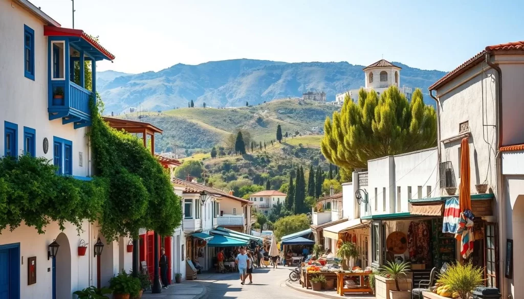 A tranquil scene of Muğla, Turkey, captured on a sunny day. In the foreground, a picturesque street lined with traditional whitewashed buildings, their vibrant blue and red accents catching the warm sunlight. Lush greenery spills over the balconies, creating a lively contrast. In the middle ground, a bustling marketplace with local vendors selling fresh produce and handcrafted goods. Beyond, the rolling hills of the Aegean region serve as a serene backdrop, their verdant slopes dotted with olive groves and cypress trees. The overall atmosphere exudes a sense of timeless charm and cultural authenticity, inviting the viewer to explore the captivating essence of Muğla.