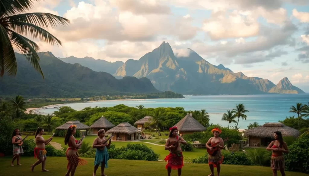 A tranquil scene of Polynesian cultural richness, set against a backdrop of lush, verdant landscapes and azure waters. In the foreground, a traditional Polynesian dance performance unfolds, with graceful dancers adorned in vibrant, intricate costumes swaying to the rhythmic beats of native drums and ukuleles. The middle ground features a collection of thatched-roof huts and structures, showcasing the architectural style and craftsmanship of the region. In the distance, towering volcanic peaks rise majestically, their jagged silhouettes silhouetted against a warm, golden-hued sky. The overall atmosphere exudes a sense of serene harmony, capturing the essence of the cultural richness and natural beauty of French Polynesia.