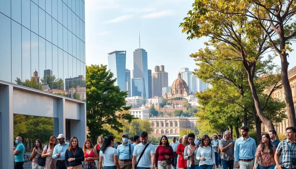 A tranquil scene of a bustling multilingual community, with a diverse array of people conversing in various languages. In the foreground, a modern office building with large windows and a sleek, minimalist design, signifying a professional language services provider. In the middle ground, people of different ethnicities and ages leisurely strolling along a tree-lined street, engaged in animated discussions. In the background, a picturesque cityscape of towering skyscrapers and historic architecture, basking in the warm glow of a pleasant day. The atmosphere is one of inclusivity, as the image captures the vibrant and diverse linguistic tapestry of the region.