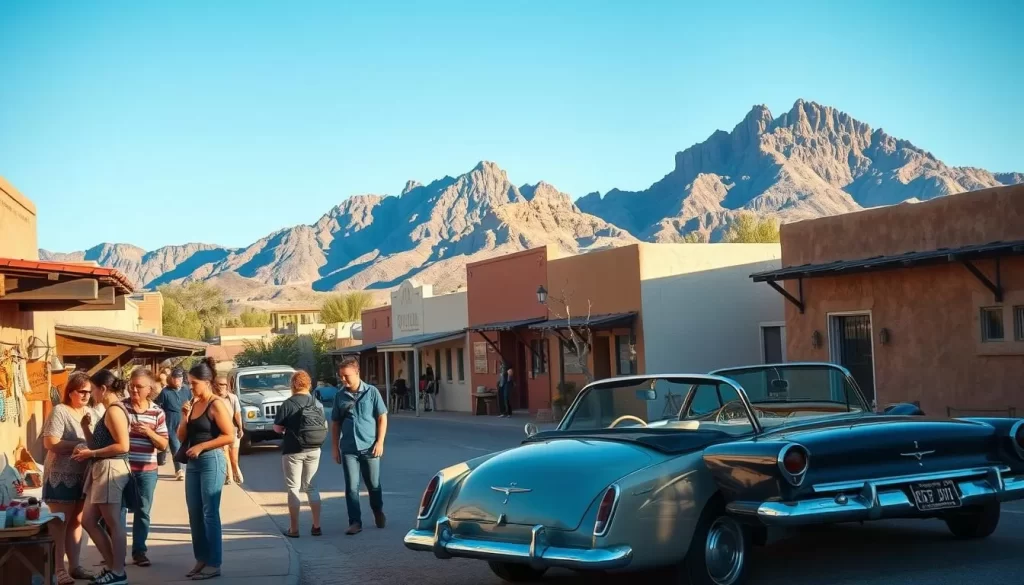 A tranquil scene of a cozy Arizona desert town, its adobe buildings casting long shadows under a warm midday sun. In the foreground, a group of savvy travelers peruse local street vendors, examining handmade crafts and sampling regional delicacies at budget-friendly prices. In the middle ground, a vintage convertible sits parked, its passengers prepping for a scenic road trip through the rugged canyons. The background features majestic mountain peaks, their jagged silhouettes stretching toward a cloudless azure sky. Soft natural lighting bathes the entire tableau, creating an inviting, laid-back atmosphere perfect for an affordable, weather-wise exploration of Arizona's wonders.