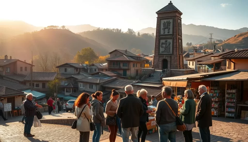 A tranquil scene of a historic town nestled in the rolling hills, with traditional architecture and cobblestone streets. In the foreground, a group of local residents engaged in lively conversation, their gestures and expressions reflecting the diversity of languages and cultures that shape the community. The mid-ground features a bustling marketplace, where vendors offer a variety of goods, each speaking in their native tongue. In the background, a towering monument stands as a testament to the region's storied past, its intricate carvings and weathered facade hinting at the complex linguistic tapestry that has evolved over time. Warm, golden sunlight casts a serene glow over the entire scene, evoking a sense of timelessness and the rich, multilingual heritage of Miaoli County.