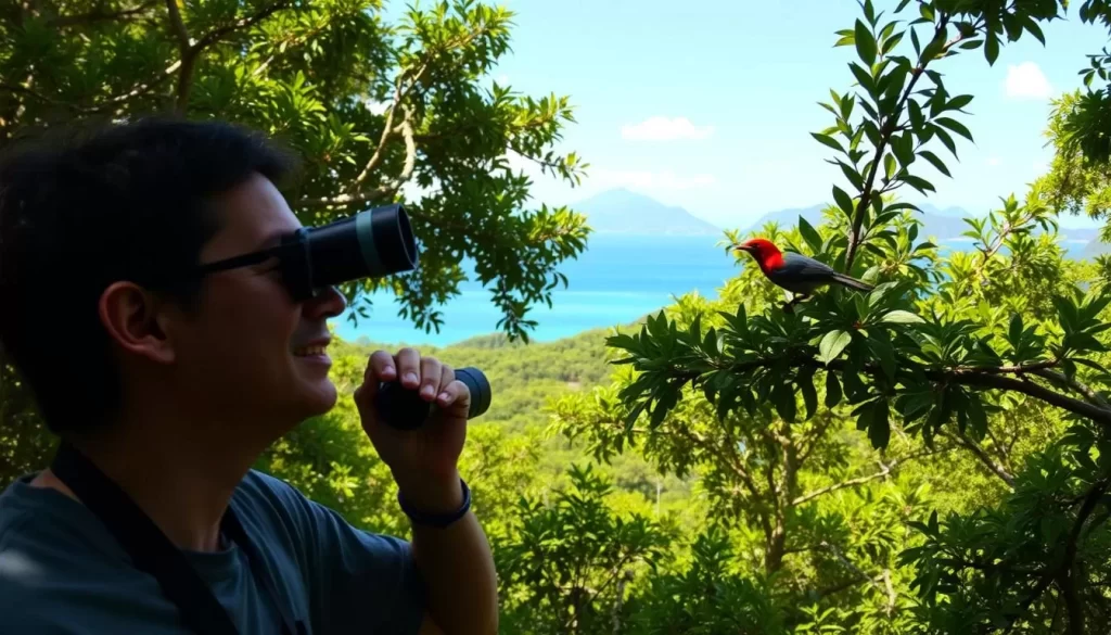 A tranquil scene of birdwatching on Tiga Island, Malaysia. In the foreground, a pair of keen-eyed observers with high-powered binoculars, their faces alight with excitement as they spot a vibrant avian creature alighting on a nearby branch. The middle ground reveals a lush, verdant forest canopy, dappled with golden sunlight filtering through the leaves. In the background, the azure waters of the South China Sea stretch out, framed by the silhouettes of distant hills. A gentle breeze rustles the foliage, creating a serene, immersive atmosphere perfect for appreciating the island's rich avian diversity.