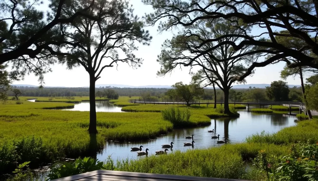 A tranquil scene of lush wetlands and dense forests at Gulf State Park, Alabama. In the foreground, a wooden observation deck overlooking a calm, mirror-like lake, where waterfowl gracefully glide across the surface. Sunlight filters through the canopy of towering cypress trees, casting a warm, golden glow over the shimmering waters. In the middle ground, a network of boardwalks and nature trails wind through the verdant landscape, inviting visitors to explore and observe the diverse array of wildlife. In the background, a hazy horizon with distant rolling hills, creating a serene and picturesque setting for wildlife viewing opportunities.