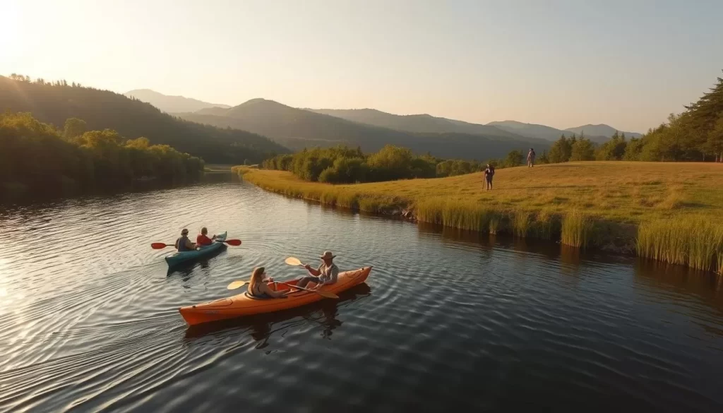 A tranquil scene of outdoor activities in the picturesque state of New Jersey. In the foreground, a family leisurely kayaks across a serene lake, their paddles creating gentle ripples on the water's surface. In the middle ground, hikers traverse a winding trail flanked by lush greenery, soaking in the warmth of the sun. In the distance, the undulating hills are bathed in a soft, golden glow, creating a serene and inviting atmosphere. The scene is captured with a wide-angle lens, allowing the viewer to immerse themselves in the natural beauty of the Garden State. The overall mood is one of peaceful tranquility, showcasing the diverse range of outdoor activities available in New Jersey on a perfect, weather-savvy day.