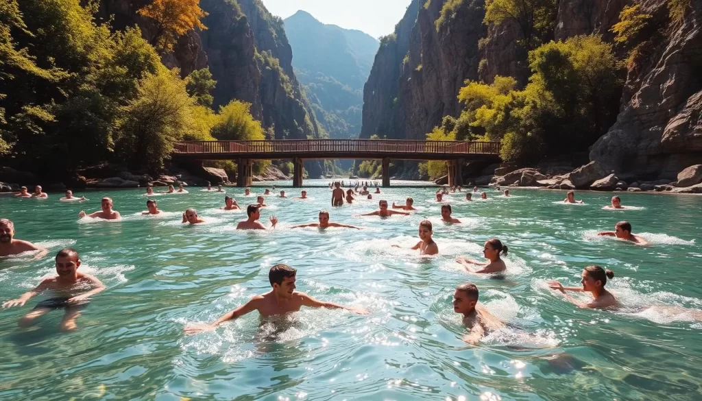 A tranquil scene of swimmers enjoying the crystal-clear waters of the Köprü River, surrounded by the lush, verdant cliffs of the Köprülü Kanyon Milli Parkı. Sunlight dances on the rippling surface, casting a warm, golden glow over the idyllic landscape. In the foreground, people of all ages gracefully navigate the gentle currents, their laughter and splashing creating a soothing, energetic atmosphere. The middle ground features a picturesque wooden bridge, its weathered beams and railings blending seamlessly with the natural environment. In the distance, the towering limestone walls of the canyon rise majestically, creating a serene and awe-inspiring backdrop. The overall mood is one of relaxation, rejuvenation, and appreciation for the natural beauty of this Turkish paradise.