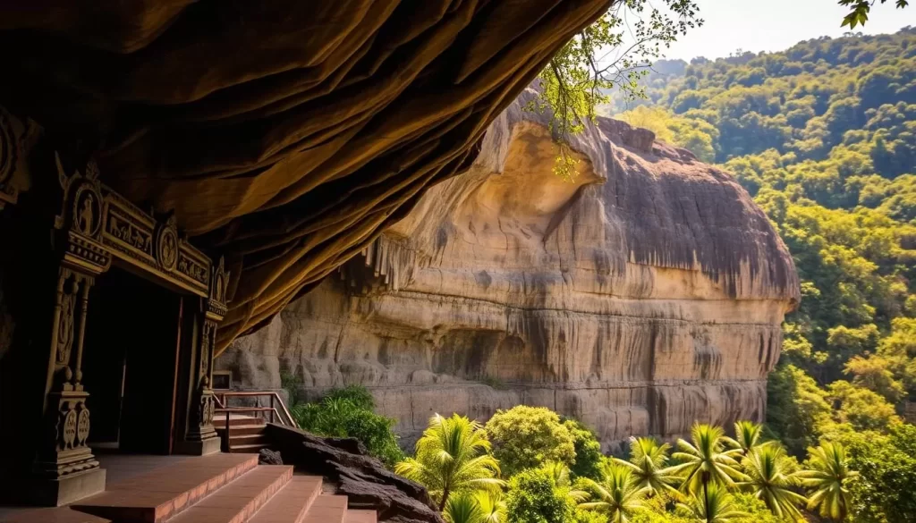 A tranquil scene of the Niah Caves, situated within the lush tropical forest of Niah National Park, Malaysia. In the foreground, ornate stone carvings and intricate cave paintings adorn the entrance, hinting at the rich cultural heritage of the site. The middle ground features the sweeping limestone formations, their craggy surfaces bathed in warm, golden sunlight filtering through the canopy above. In the background, a hazy silhouette of the dense, verdant jungle stretches out, creating a serene and mystical atmosphere. The whole composition evokes a sense of timelessness and the profound historical significance of this Southeast Asian cultural landmark.
