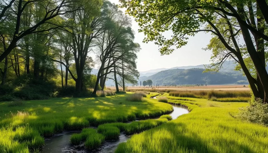 A tranquil scene of the Ruggeller Riet Nature Reserve, a lush wetland oasis nestled in the heart of Liechtenstein. In the foreground, a winding stream meanders through a carpet of verdant reeds and wildflowers, inviting the viewer to walk along its banks. The middle ground features a canopy of towering deciduous trees, their leaves dappling the sunlight and casting gentle shadows on the ground below. In the distance, rolling hills draped in a tapestry of greens and golds rise up to meet the soft, hazy sky. The atmosphere is one of peaceful serenity, where the only sounds are the gentle rustling of leaves and the calls of birds. Capture this serene and picturesque landscape in a natural, photographic style, using a wide-angle lens to emphasize the depth and breadth of the scene.