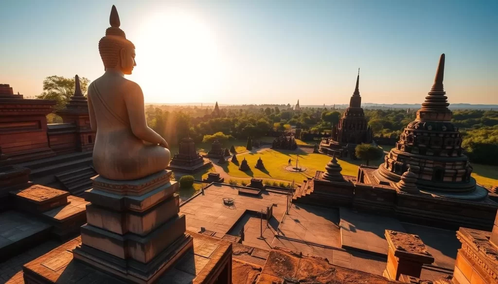 A tranquil scene of the Sukhothai Historical Park, bathed in warm, golden sunlight. In the foreground, ancient stone ruins and Buddha statues stand tall, their weathered surfaces glowing. The middle ground reveals intricate architectural details, with graceful stupas and towering pagodas casting long shadows across the well-preserved grounds. In the distance, a lush, verdant landscape frames the historic site, with a clear blue sky overhead, creating a serene and picturesque atmosphere. Capture the timeless beauty and cultural significance of this UNESCO World Heritage Site through a wide-angle, high-resolution lens that highlights the stunning details and harmonious composition.
