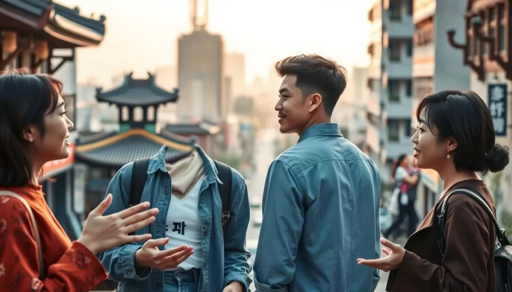 A tranquil scene showcasing the linguistic diversity between South and North Korean language variants. In the foreground, a pair of young adults, one from the South and one from the North, engage in a casual conversation, their expressive gestures and relaxed body language conveying a sense of cultural exchange. The middle ground reveals the picturesque backdrop of a bustling city street, with traditional architecture and modern high-rises coexisting harmoniously. In the distance, the skyline is bathed in soft, golden light, creating a serene and contemplative atmosphere. The composition is balanced, with a focus on the interaction between the individuals, allowing the viewer to appreciate the nuances of the two language systems.