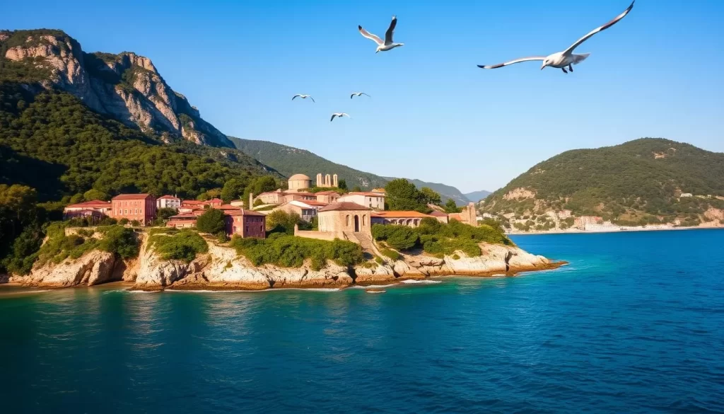 A tranquil seascape with Giresun Island at the center, bathed in warm afternoon sunlight. Crystal-clear azure waters gently lap against the rugged, verdant shoreline. Towering cliffs and lush forests frame the idyllic scene, casting soft shadows across the island's historic buildings and ancient ruins. Seagulls soar overhead, their cries carried on a gentle breeze. The perfect time to visit, when the island's natural beauty is in full splendor and the crowds have thinned, allowing for a peaceful exploration of this enchanting Turkish gem.