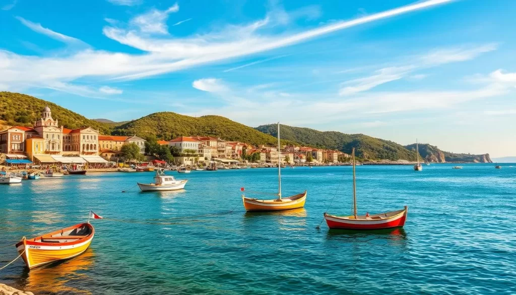 A tranquil seaside scene on the historic Burgazada Island, Turkey. A picturesque harbor dotted with traditional fishing boats, their vibrant hulls reflecting in the calm azure waters. Majestic Byzantine-era buildings line the shore, their weathered facades exuding a timeless charm. Verdant hills rise gently in the background, capped by an azure sky streaked with wispy clouds. Warm, golden sunlight bathes the scene, casting soft, natural shadows and highlighting the island's timeless beauty. A sense of peaceful serenity pervades the composition, inviting the viewer to step into this serene slice of Turkish history.