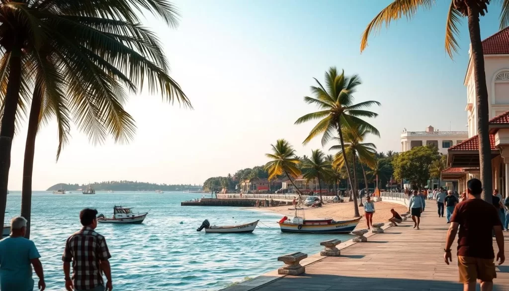 A tranquil seaside town in southern India, Puducherry experiences a tropical climate with distinct dry and wet seasons. Capture the gentle coastal breeze rustling through swaying palm trees, as the sun casts a warm, golden glow over the historic colonial architecture and serene beaches. In the foreground, locals stroll along the promenade, soaking up the pleasant temperatures and low humidity. In the middle ground, fishing boats bob gently in the turquoise waters of the Bay of Bengal. The background showcases Puducherry's lush, verdant landscape, hinting at the region's abundant rainfall during the southwest monsoon. Utilize a wide-angle lens to convey the tranquil, unhurried atmosphere that defines Puducherry's inviting climate.